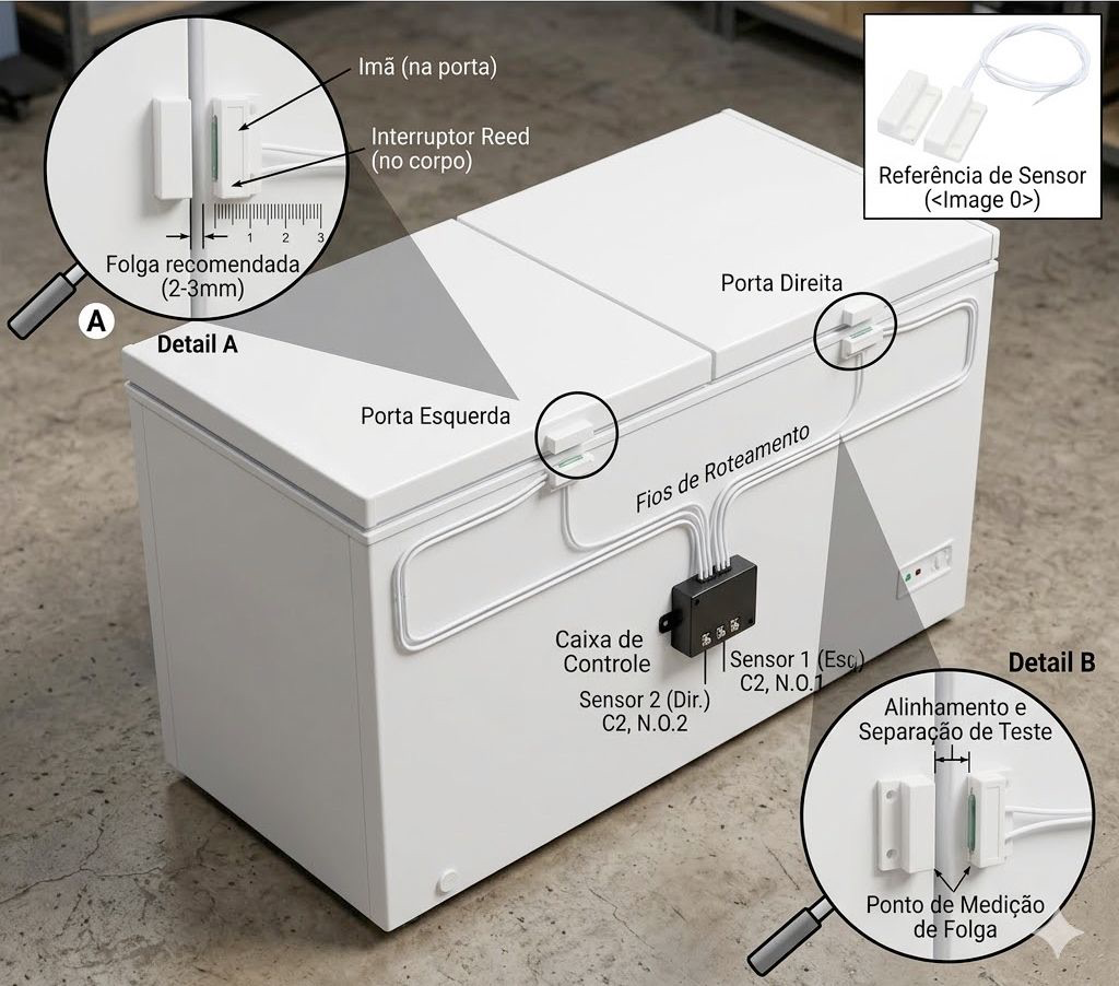Foto demonstrativa da instalação dos sensores magnéticos em freezer com tampa dupla